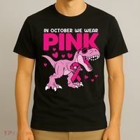 In October We Wear Pink Dinosaur T Rex Breast Cancer T-Shirt thumb 3