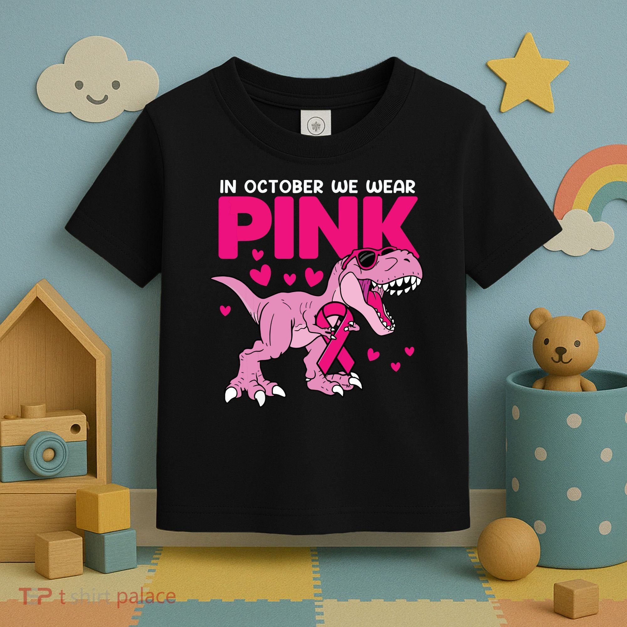 In October We Wear Pink Dinosaur T Rex Breast Cancer Toddler T-Shirt