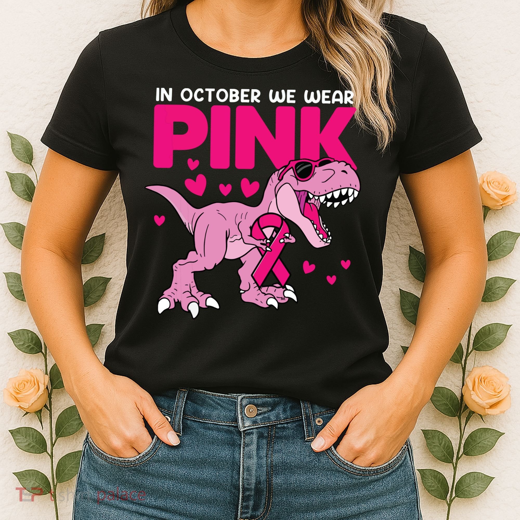 In October We Wear Pink Dinosaur T Rex Breast Cancer Women's T-Shirt