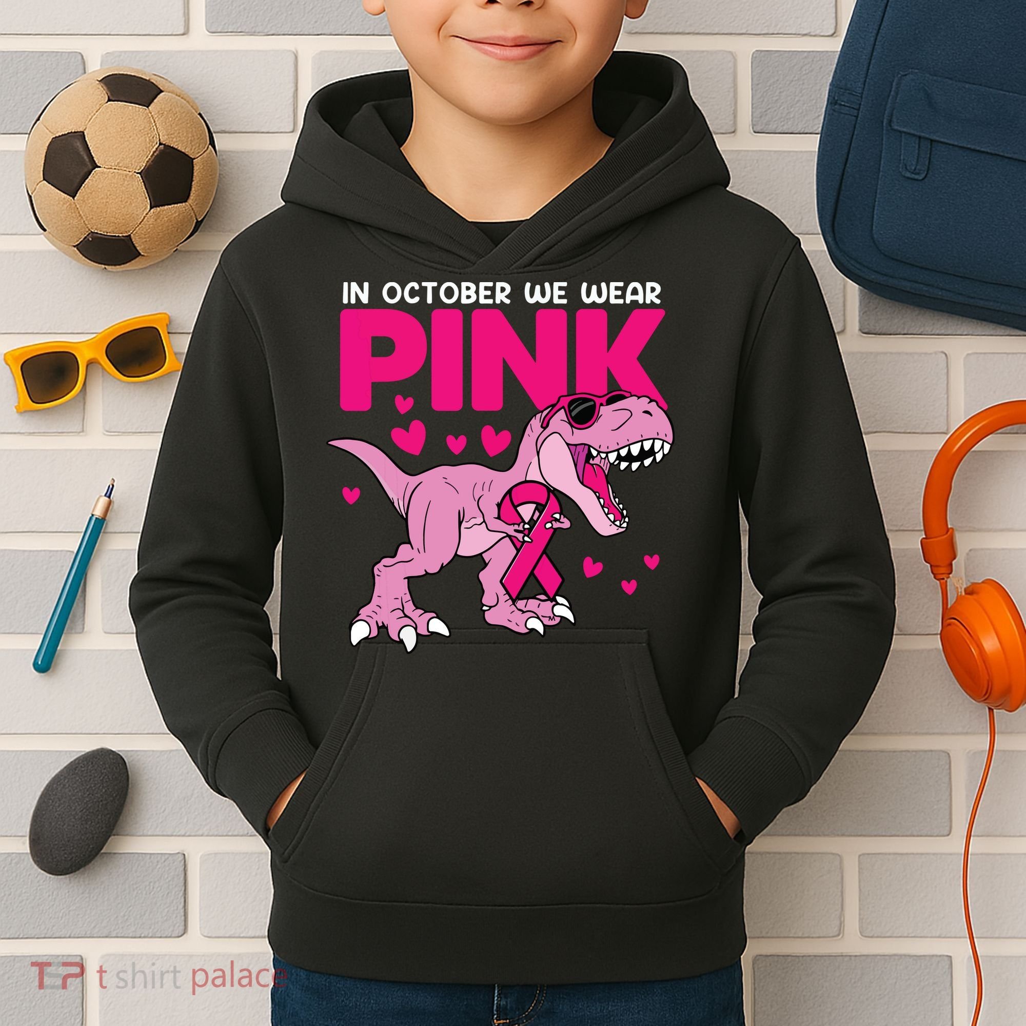In October We Wear Pink Dinosaur T Rex Breast Cancer Kids Hoodie