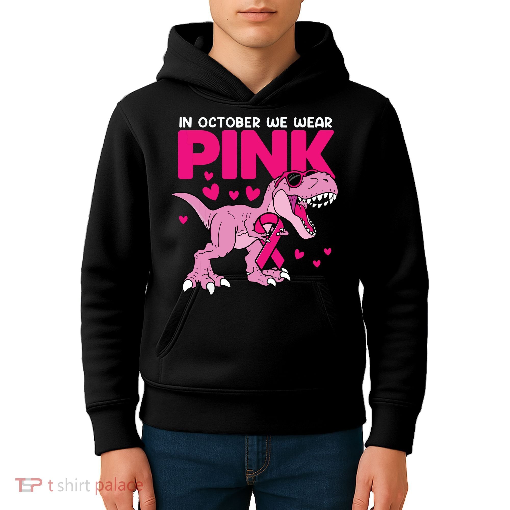 In October We Wear Pink Dinosaur T Rex Breast Cancer Kids Hoodie