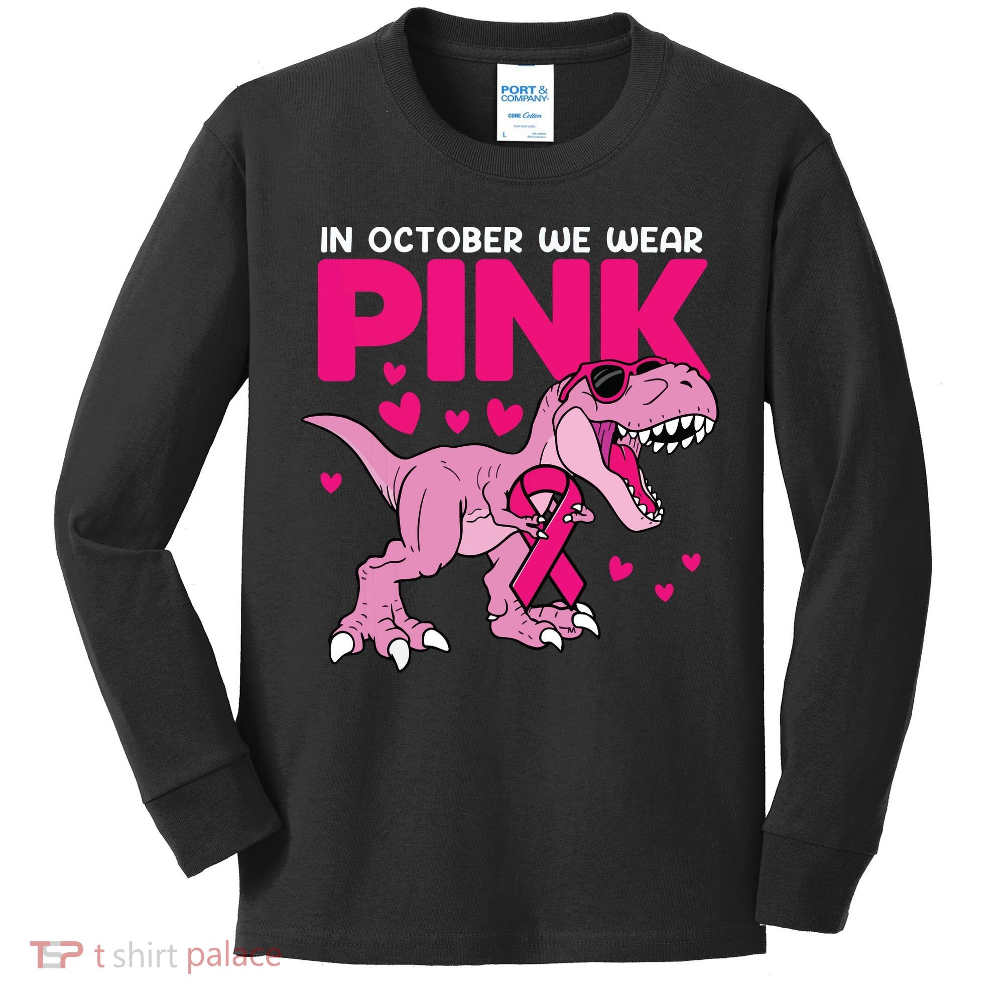 In October We Wear Pink Dinosaur T Rex Breast Cancer Kids Long Sleeve Shirt
