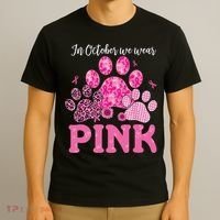 In October We Wear Pink Dog Cat Paw Breast Cancer Awareness T-Shirt thumb 3