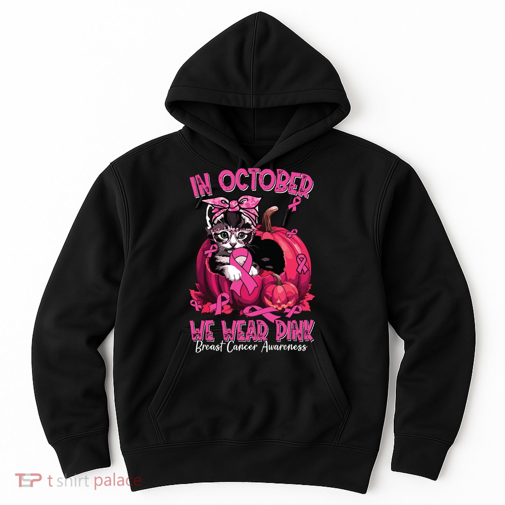 In October We Wear Cat Ribbon Breast Cancer Awareness Hoodie