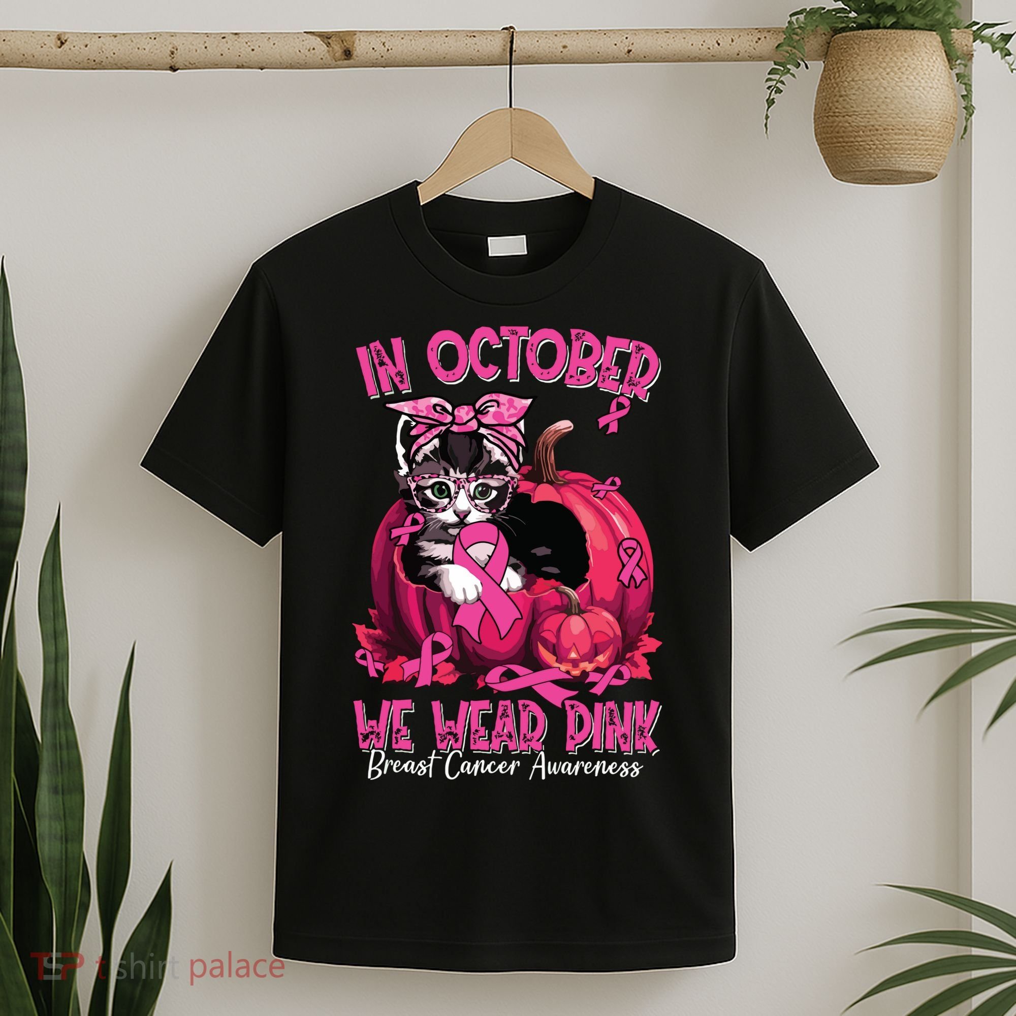 In October We Wear Cat Ribbon Breast Cancer Awareness T-Shirt