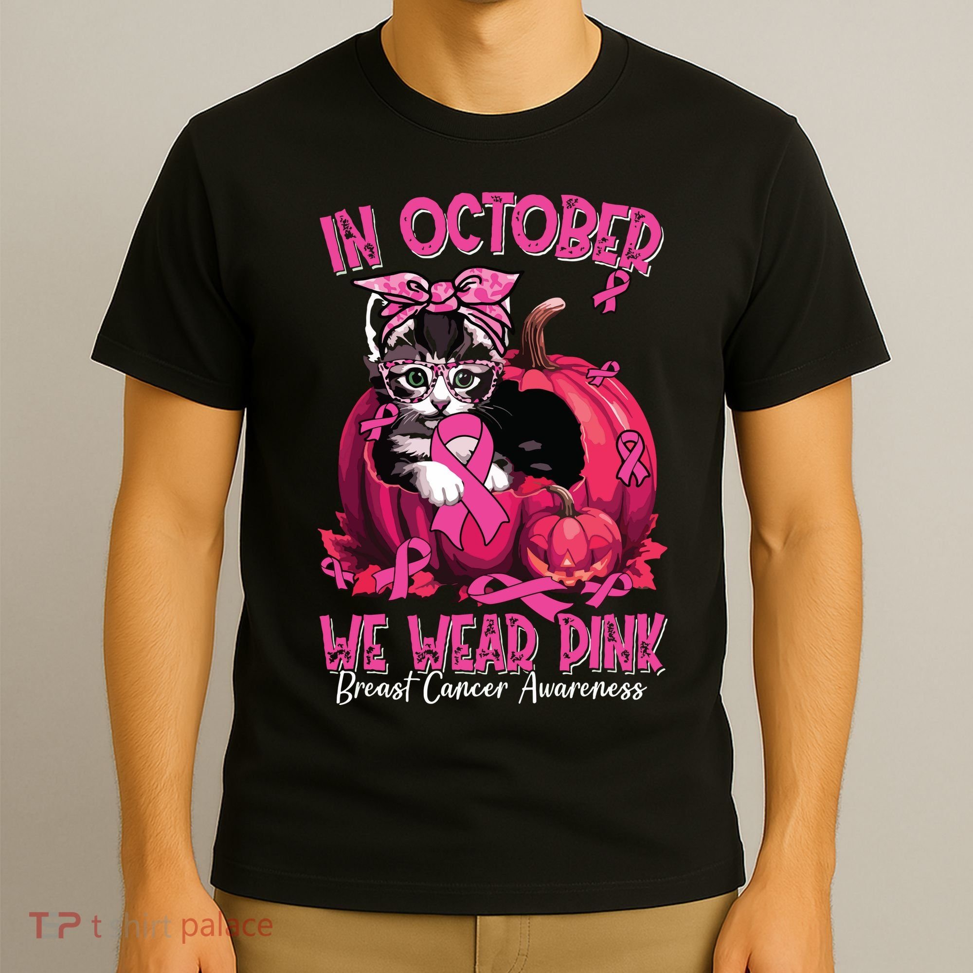 In October We Wear Cat Ribbon Breast Cancer Awareness T-Shirt