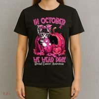 In October We Wear Cat Ribbon Breast Cancer Awareness T-Shirt thumb 4
