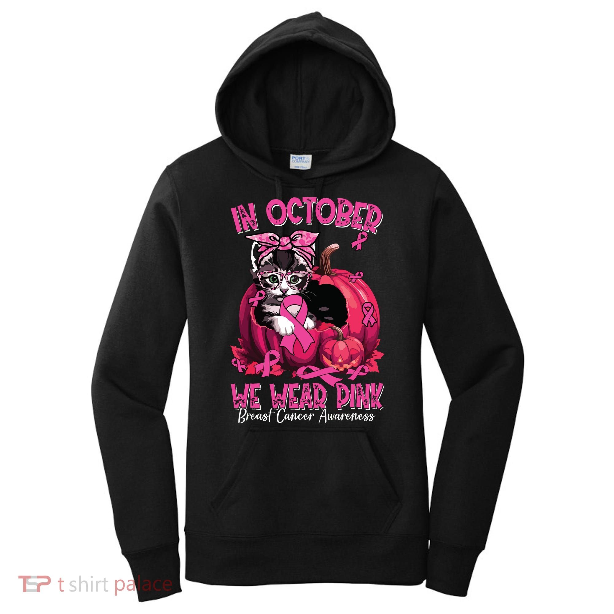 In October We Wear Cat Ribbon Breast Cancer Awareness Women's Hoodie