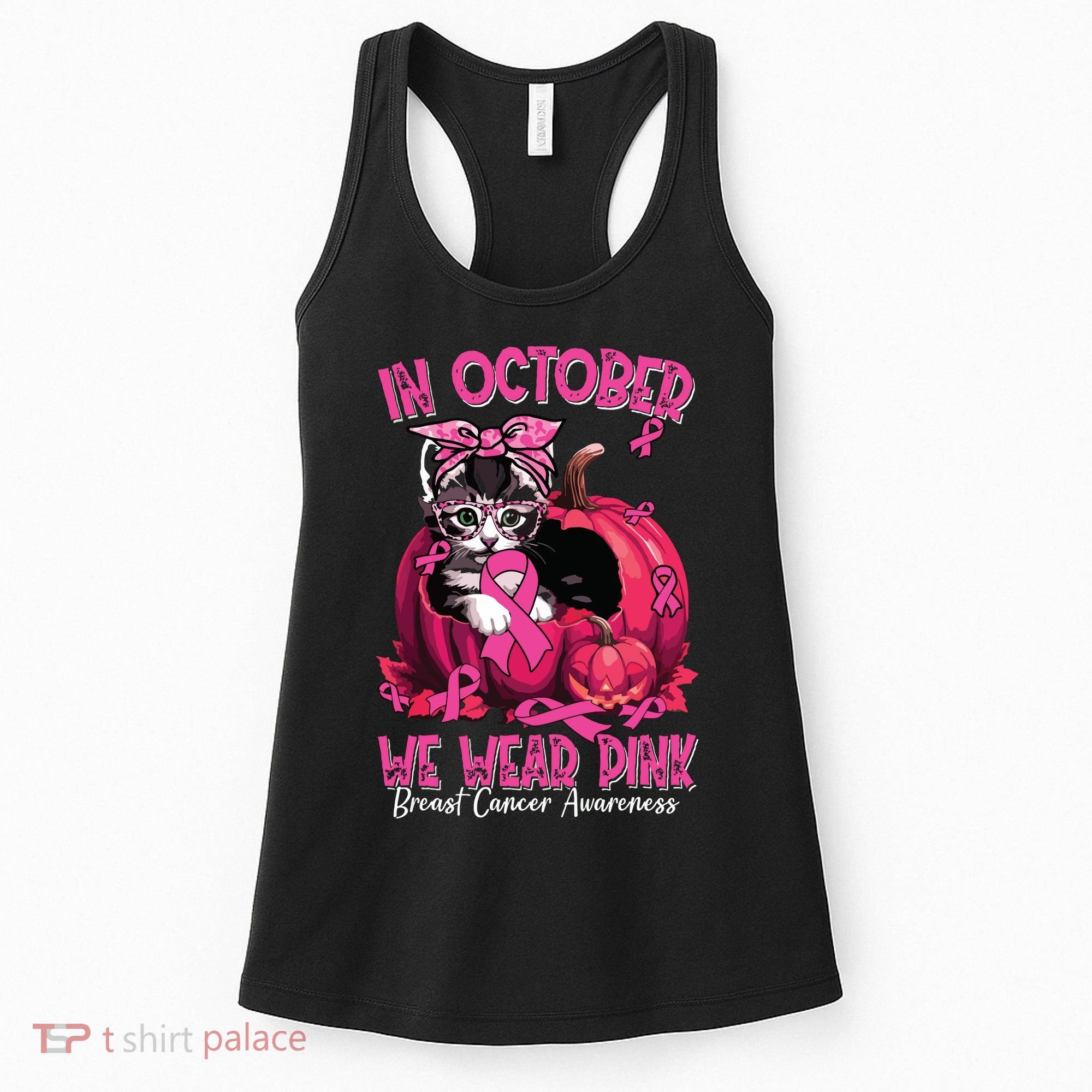 In October We Wear Cat Ribbon Breast Cancer Awareness Women's Tank Top