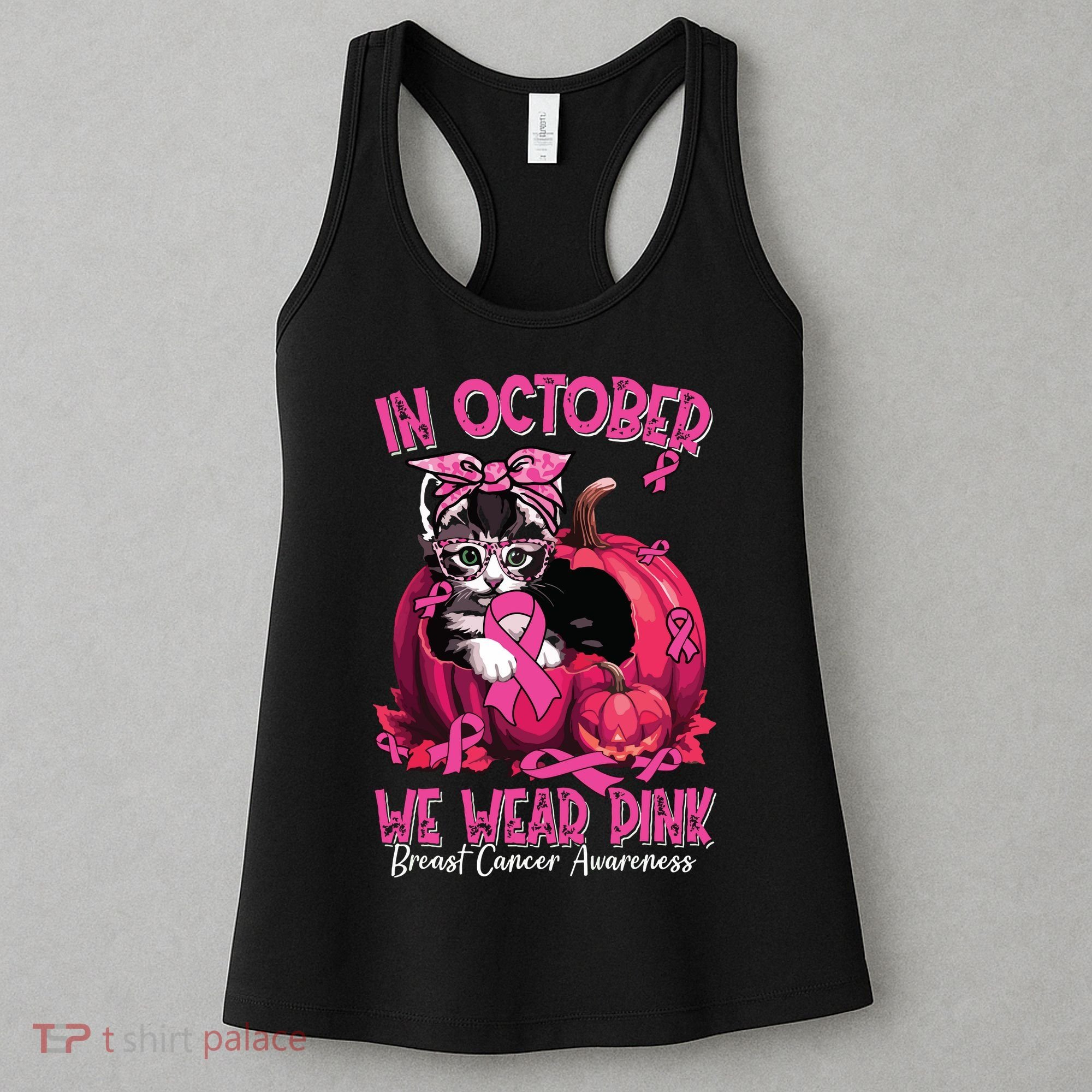 In October We Wear Cat Ribbon Breast Cancer Awareness Women's Tank Top