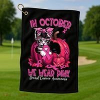 In October We Wear Cat Ribbon Breast Cancer Awareness Golf Towel thumb 1