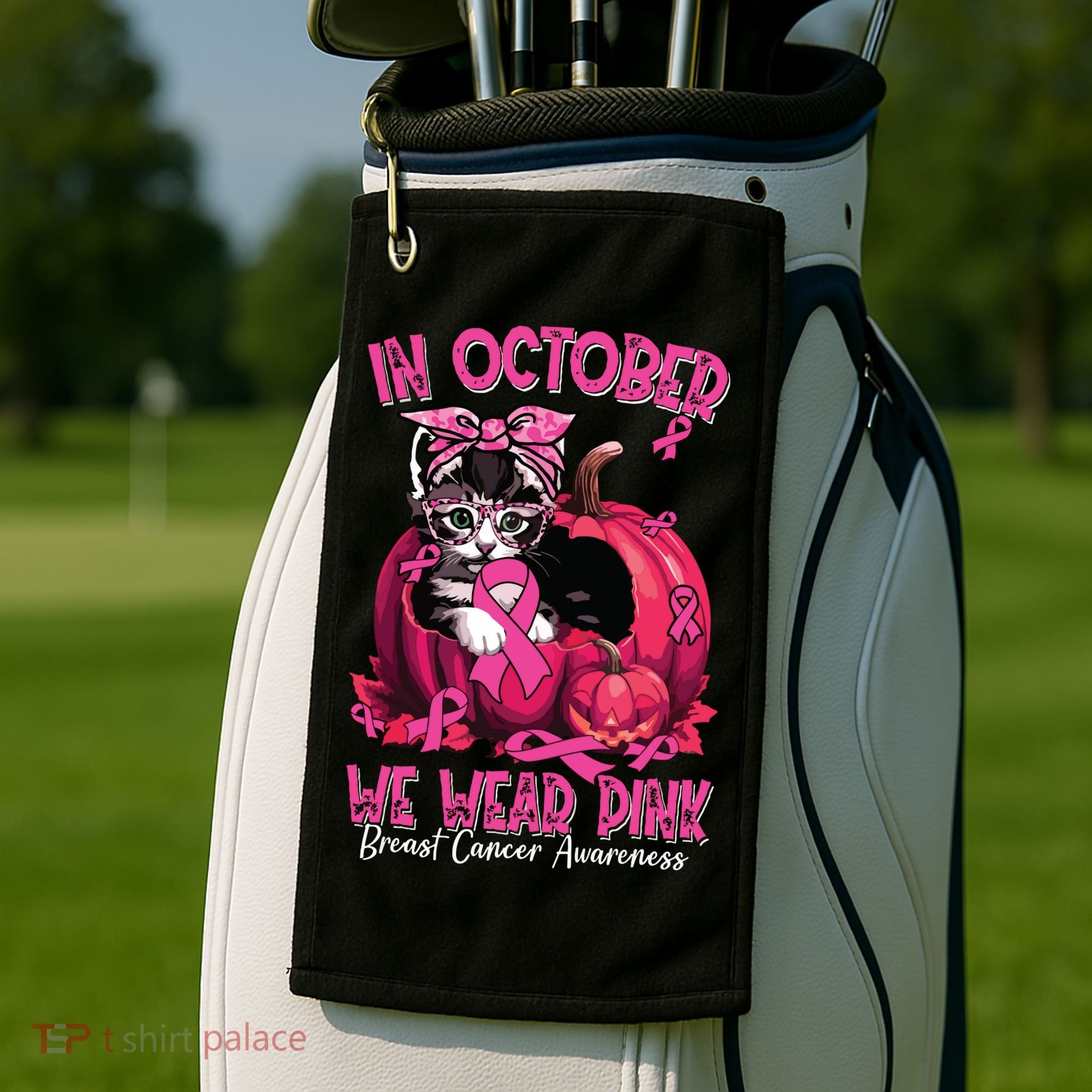 In October We Wear Cat Ribbon Breast Cancer Awareness Golf Towel
