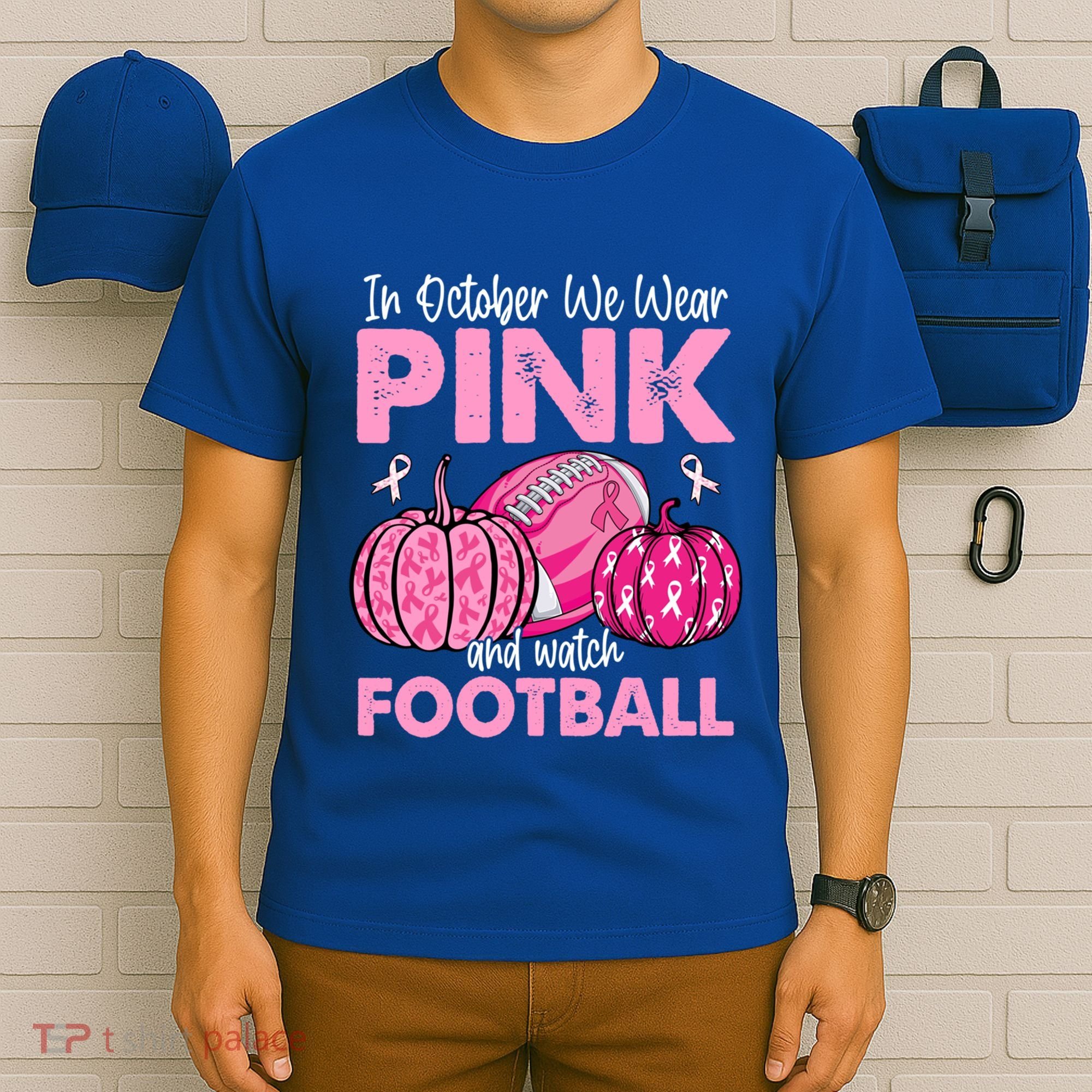 In October We Wear Football Breast Cancer Awareness Gift T-Shirt