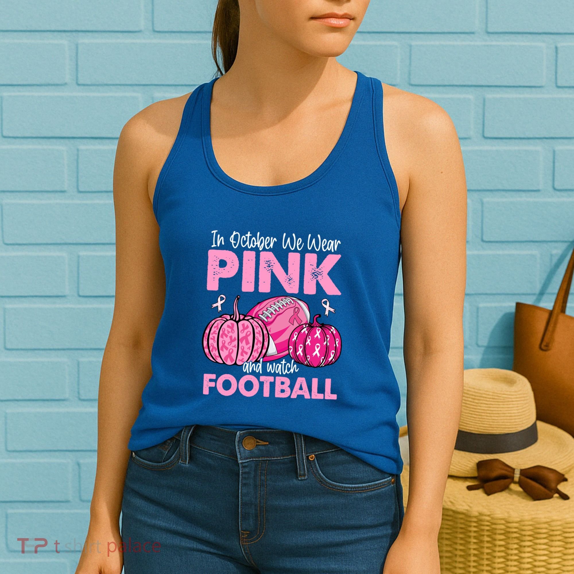 In October We Wear Football Breast Cancer Awareness Gift Women's Tank Top