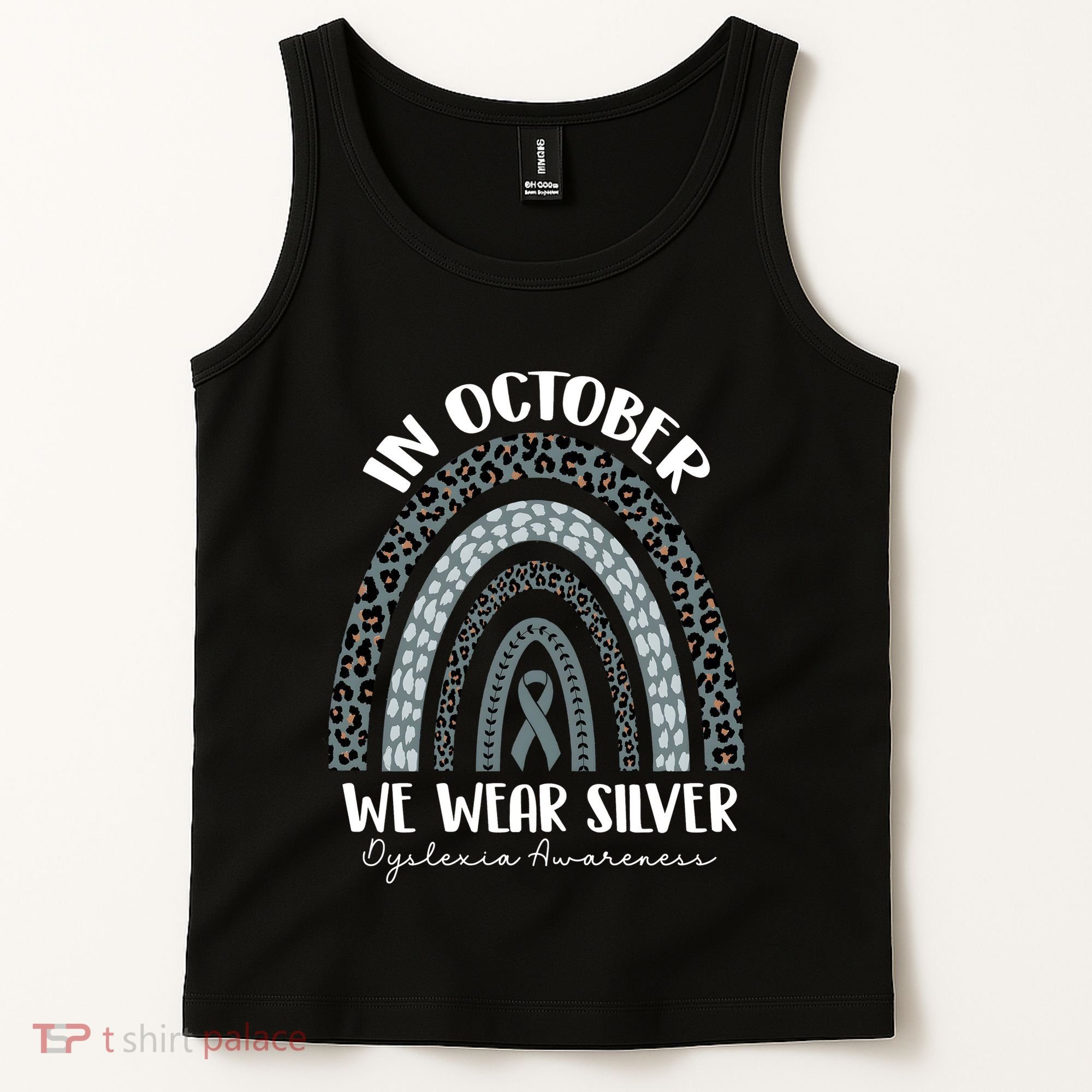In October We Wear Silver Leopard Rainbow Dyslexia Awareness Tank Top