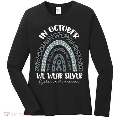 In October We Wear Silver Leopard Rainbow Dyslexia Awareness Women's Long Sleeve Shirt