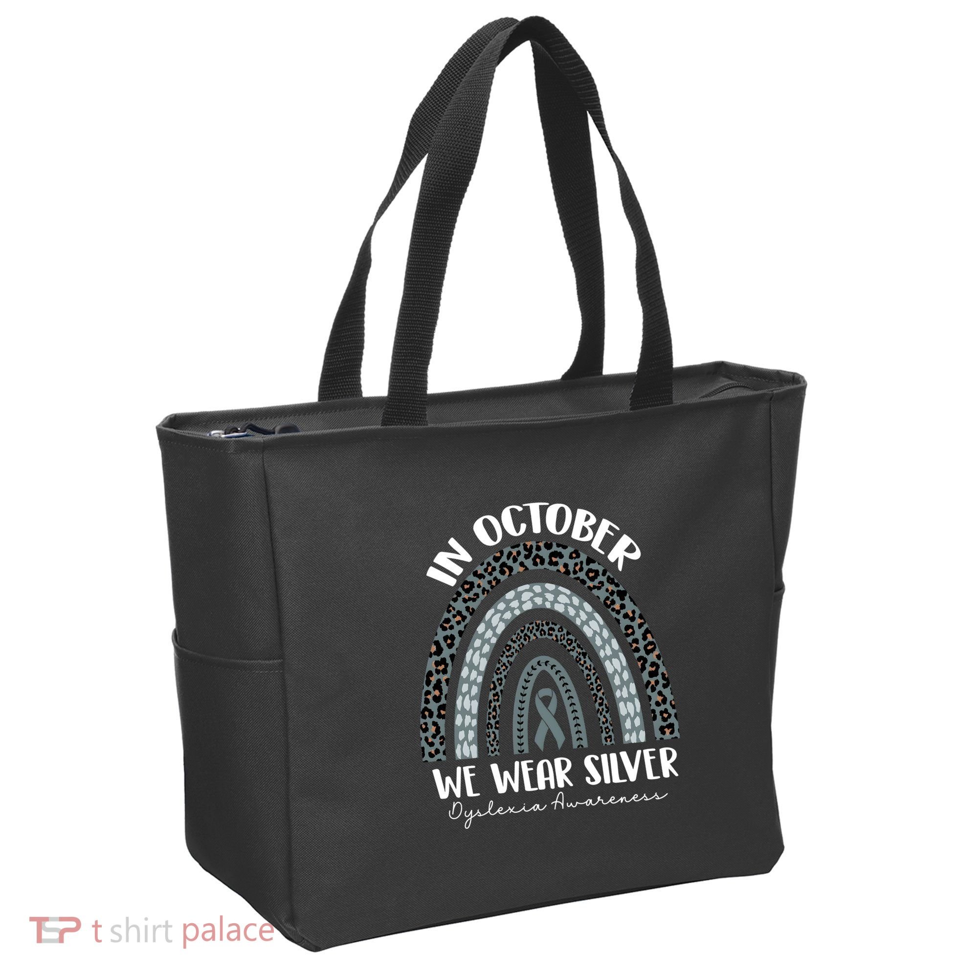 In October We Wear Silver Leopard Rainbow Dyslexia Awareness Tote Bag
