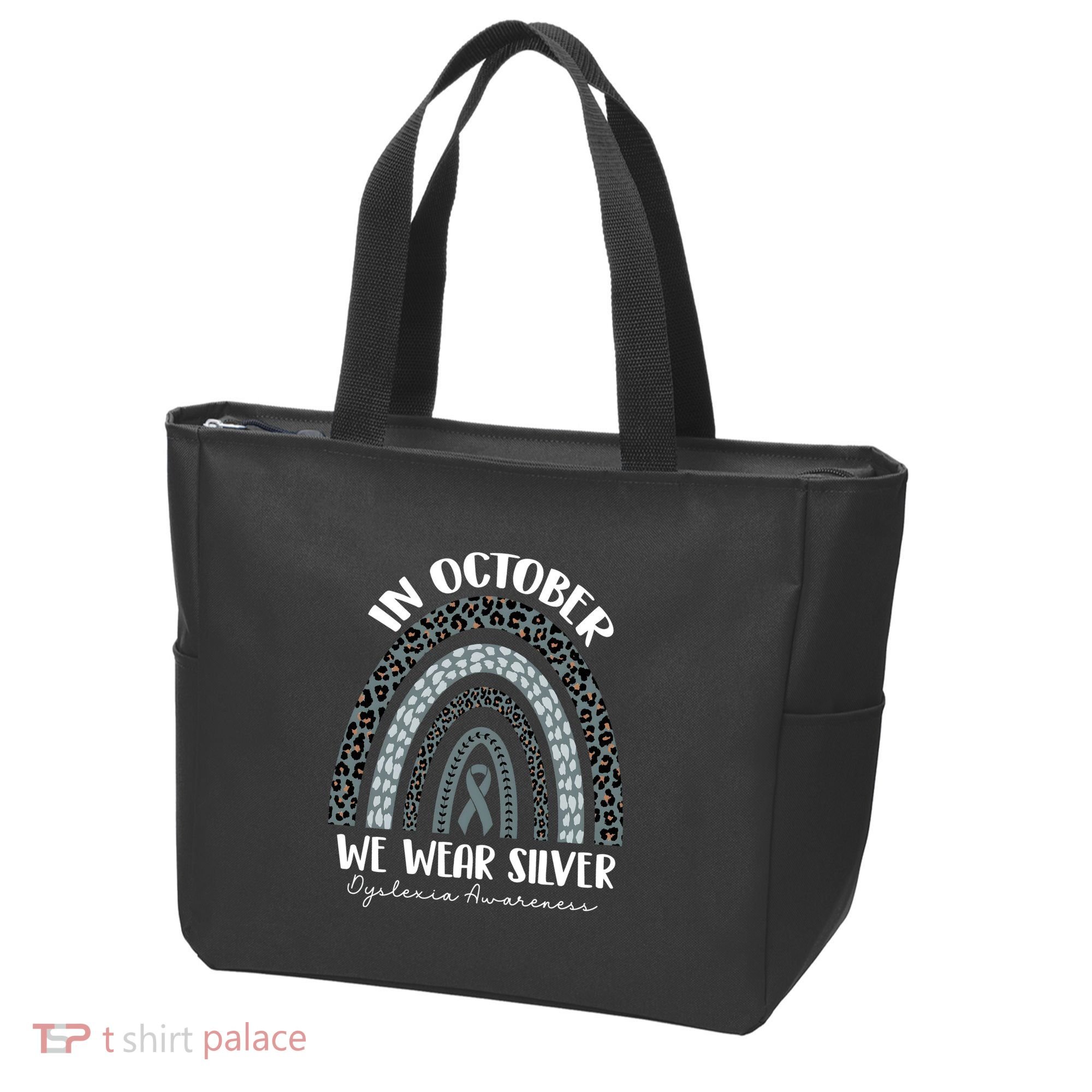 In October We Wear Silver Leopard Rainbow Dyslexia Awareness Tote Bag