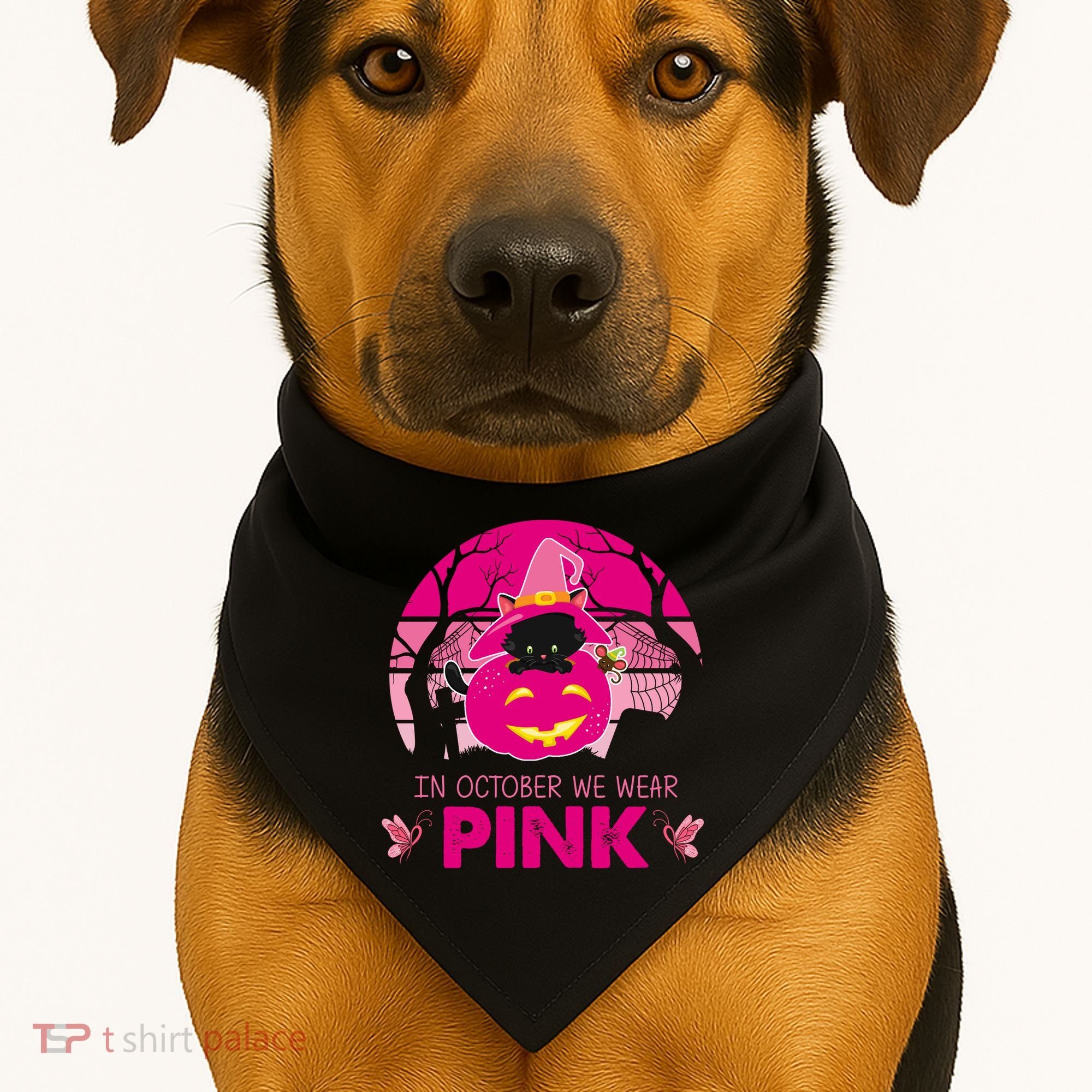 In October We Wear Pink Jack O Lantern Witch Cat USA-Made Doggie Bandana