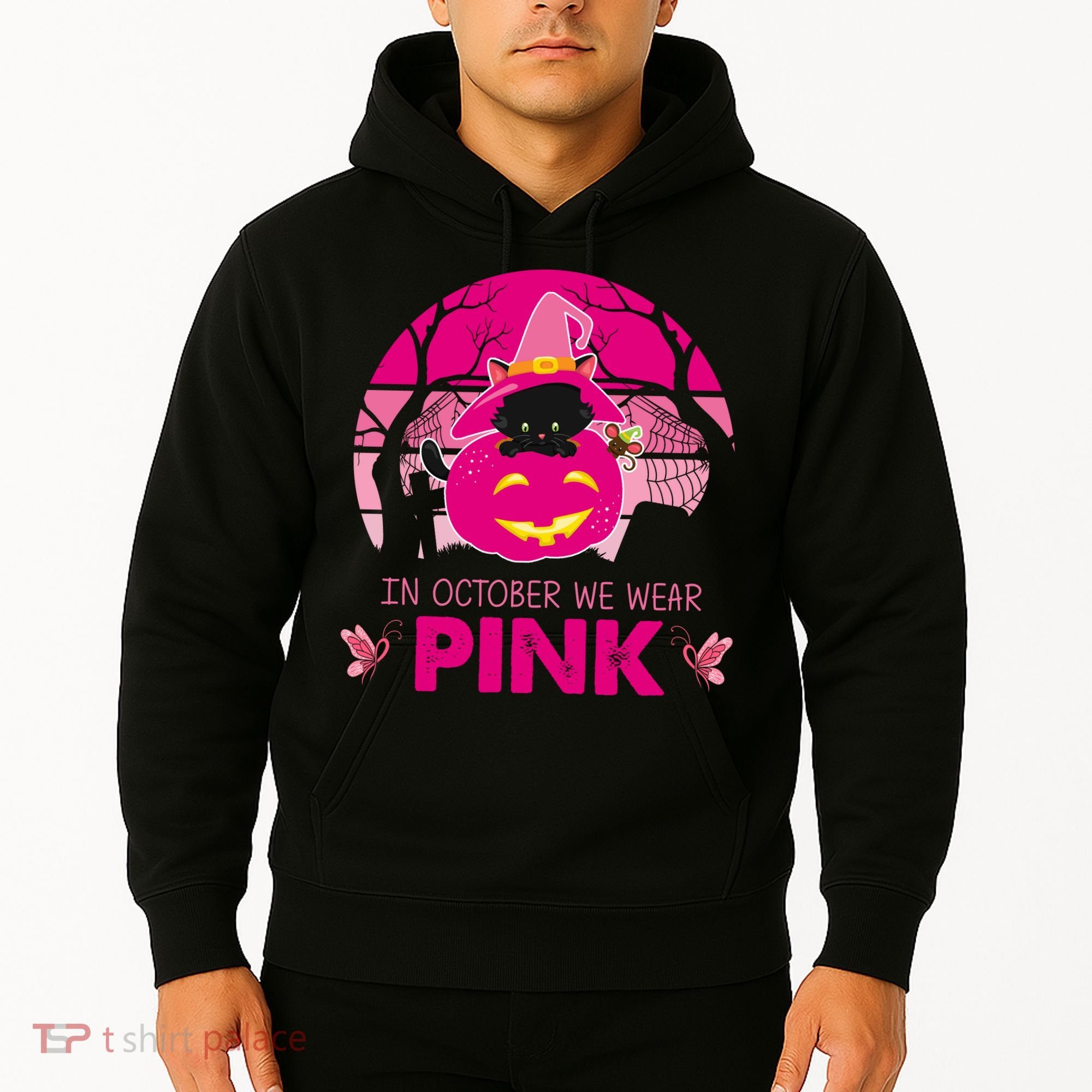 In October We Wear Pink Jack O Lantern Witch Cat Hoodie