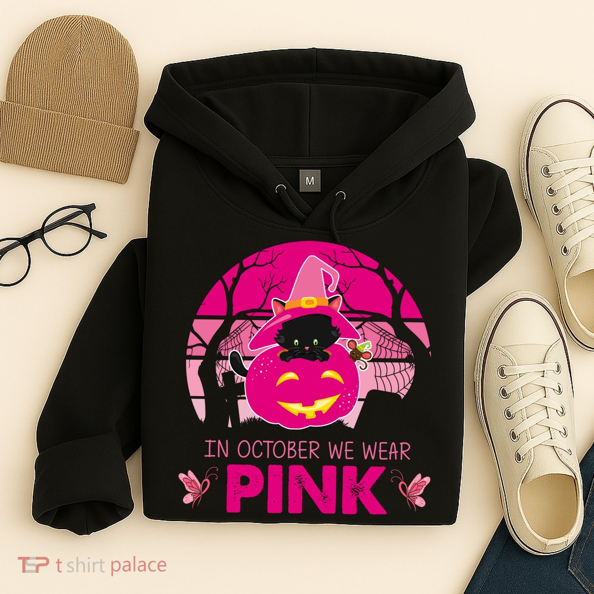 In October We Wear Pink Jack O Lantern Witch Cat Hoodie
