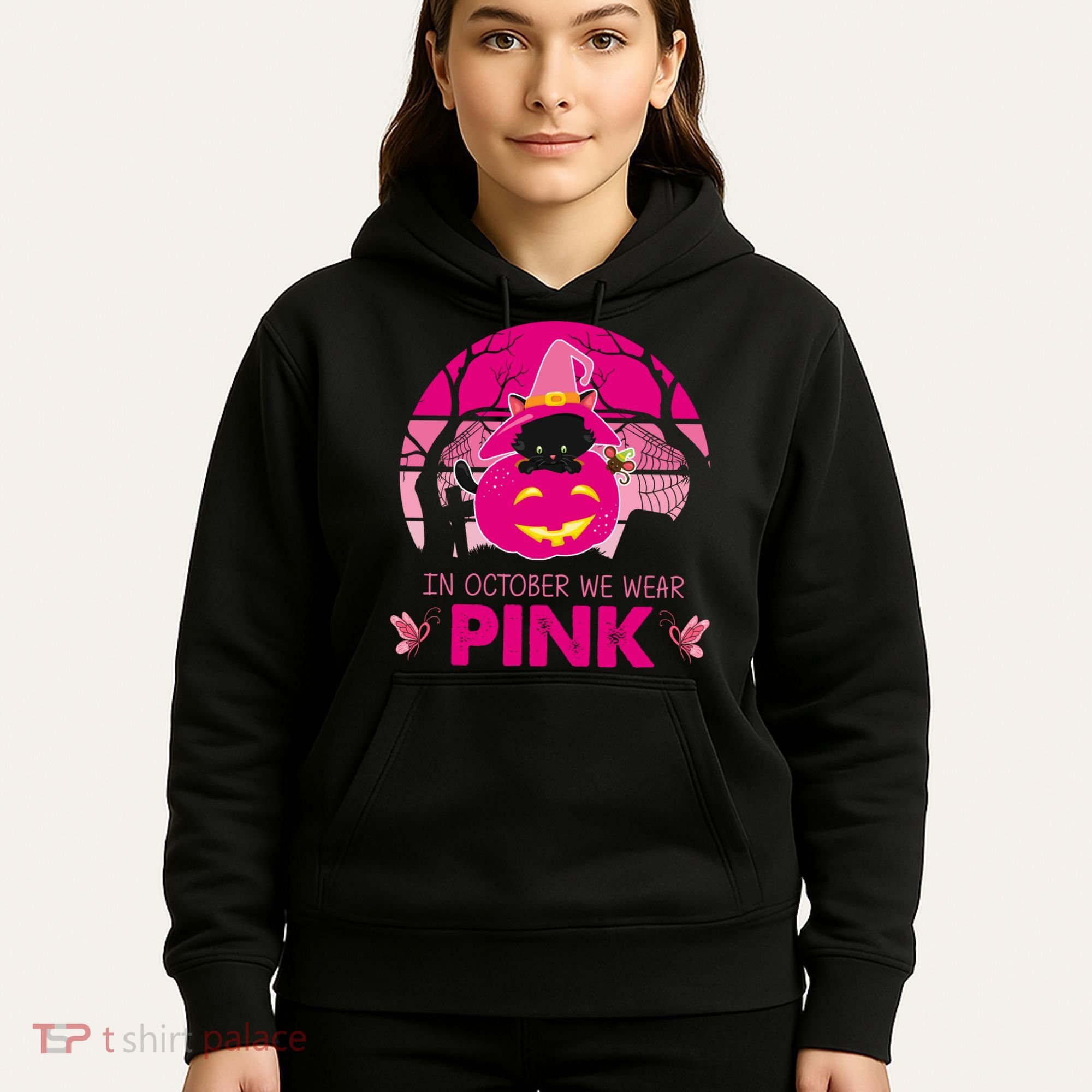 In October We Wear Pink Jack O Lantern Witch Cat Hoodie