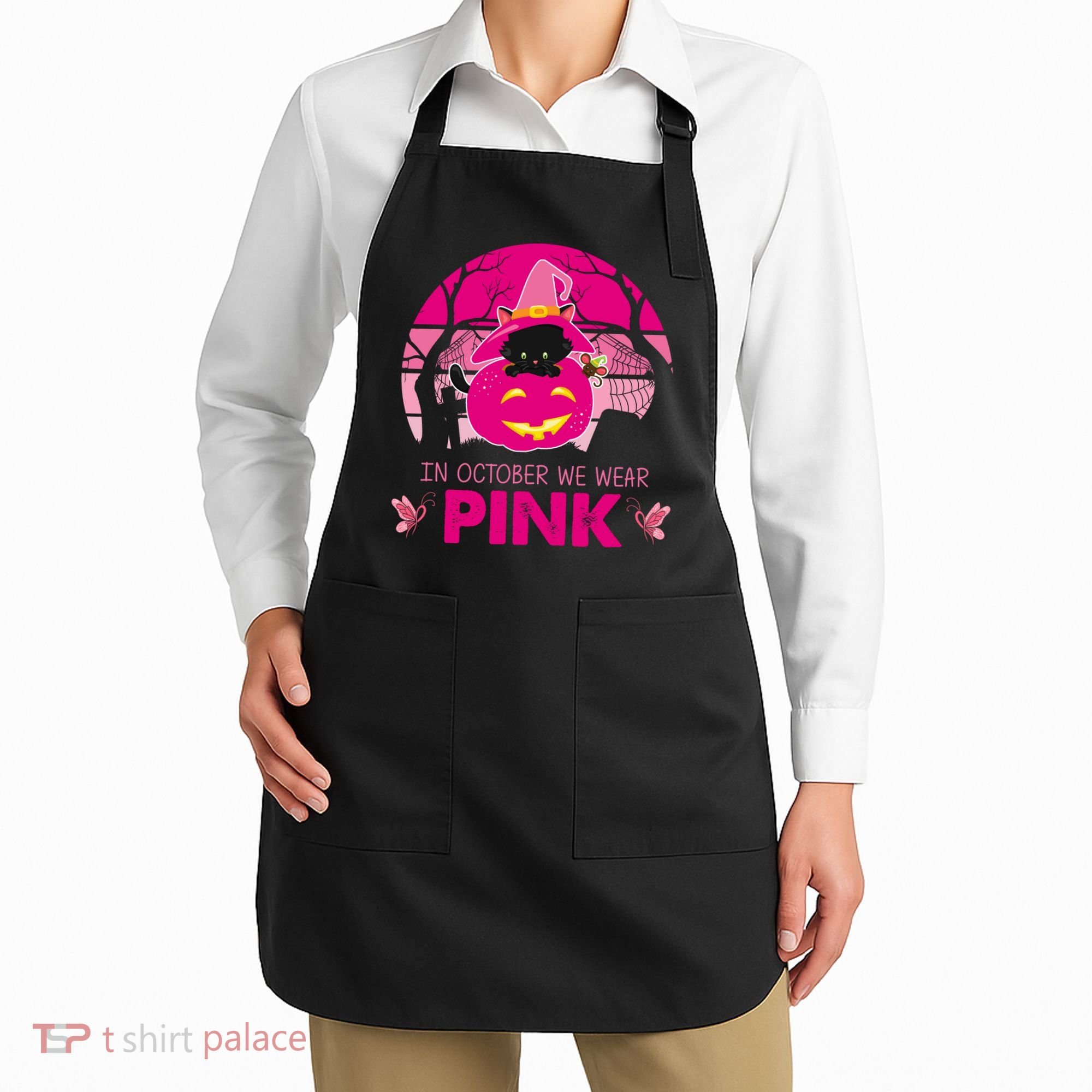 In October We Wear Pink Jack O Lantern Witch Cat Apron