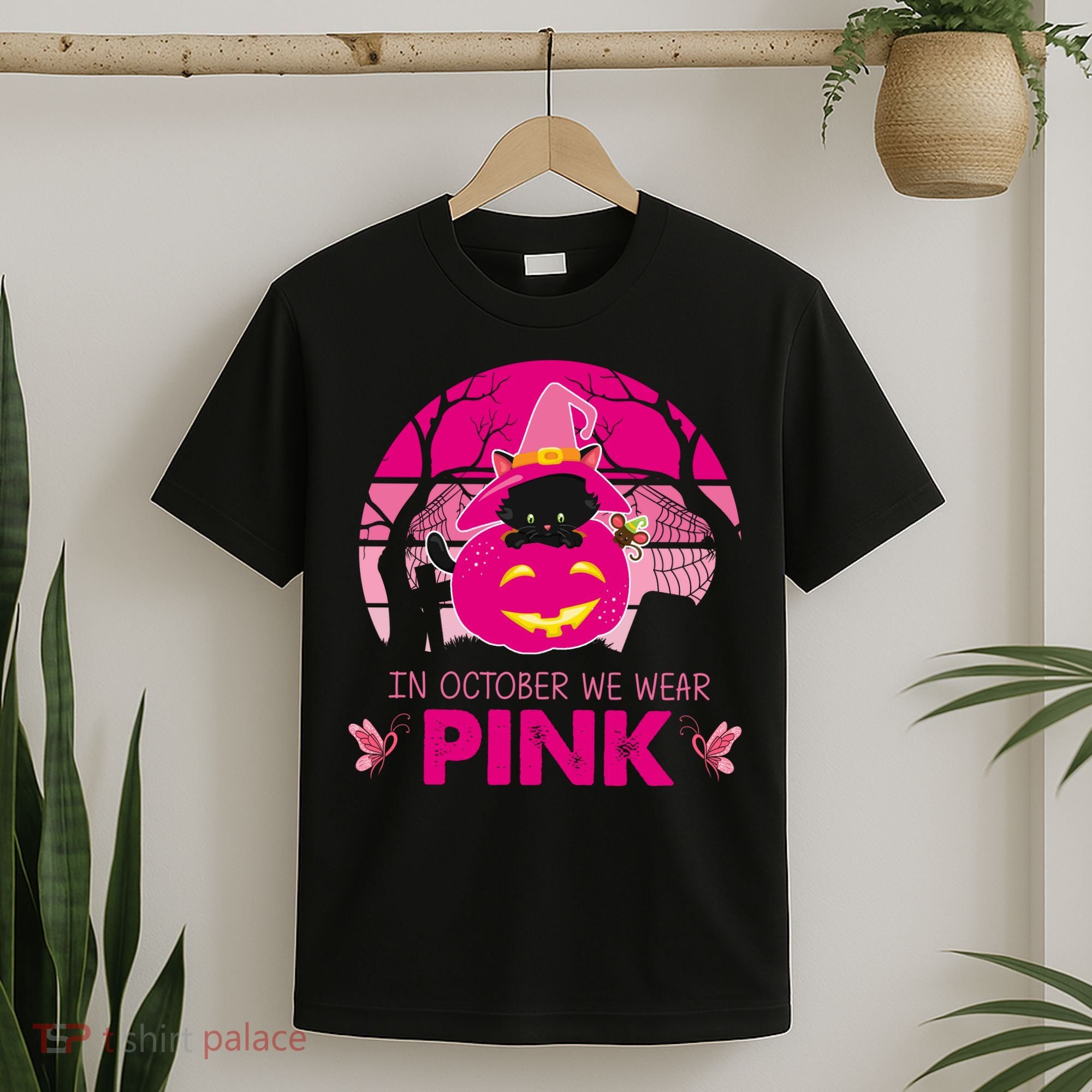 In October We Wear Pink Jack O Lantern Witch Cat T-Shirt