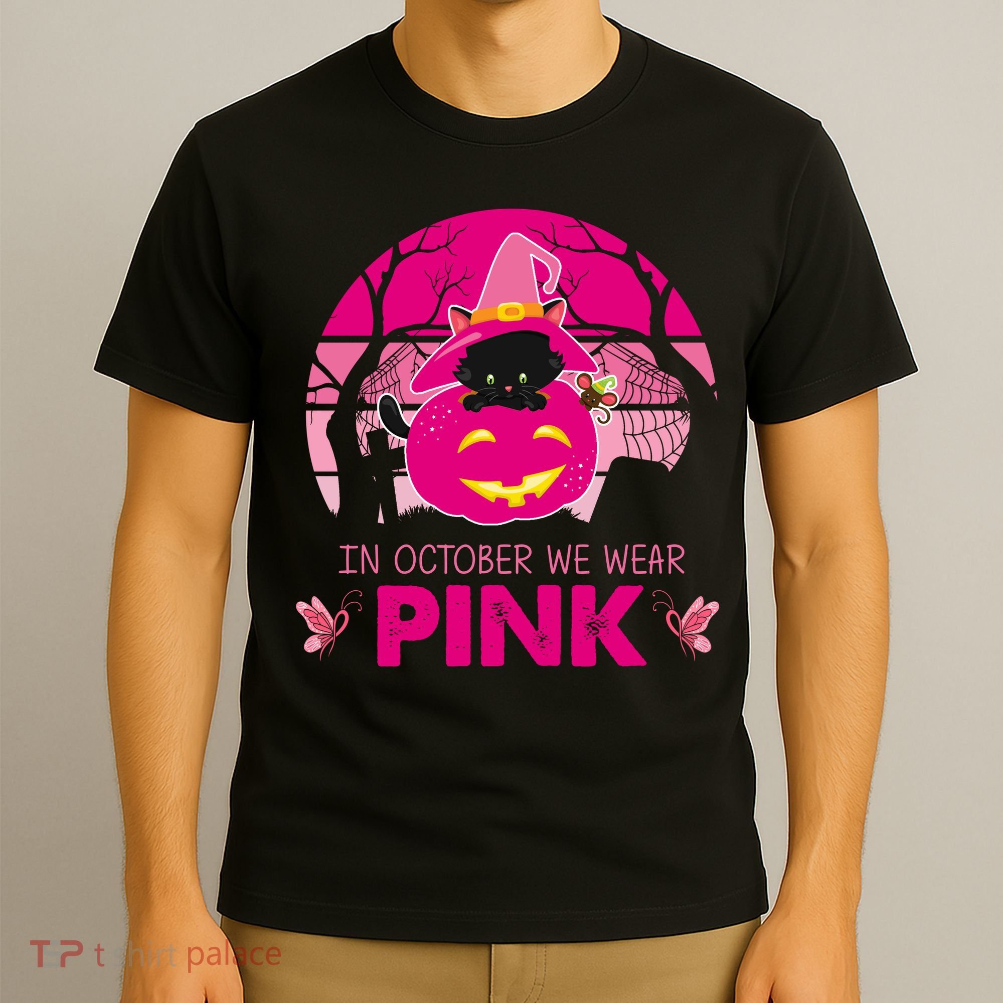 In October We Wear Pink Jack O Lantern Witch Cat T-Shirt