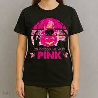 In October We Wear Pink Jack O Lantern Witch Cat T-Shirt thumb 4