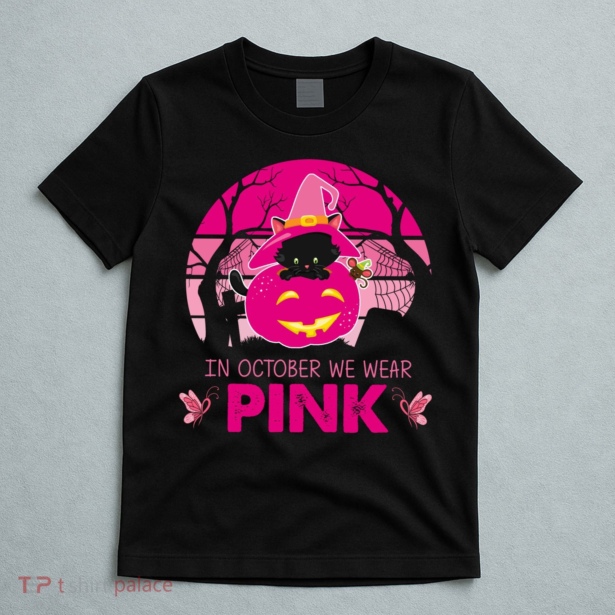 In October We Wear Pink Jack O Lantern Witch Cat T-Shirt