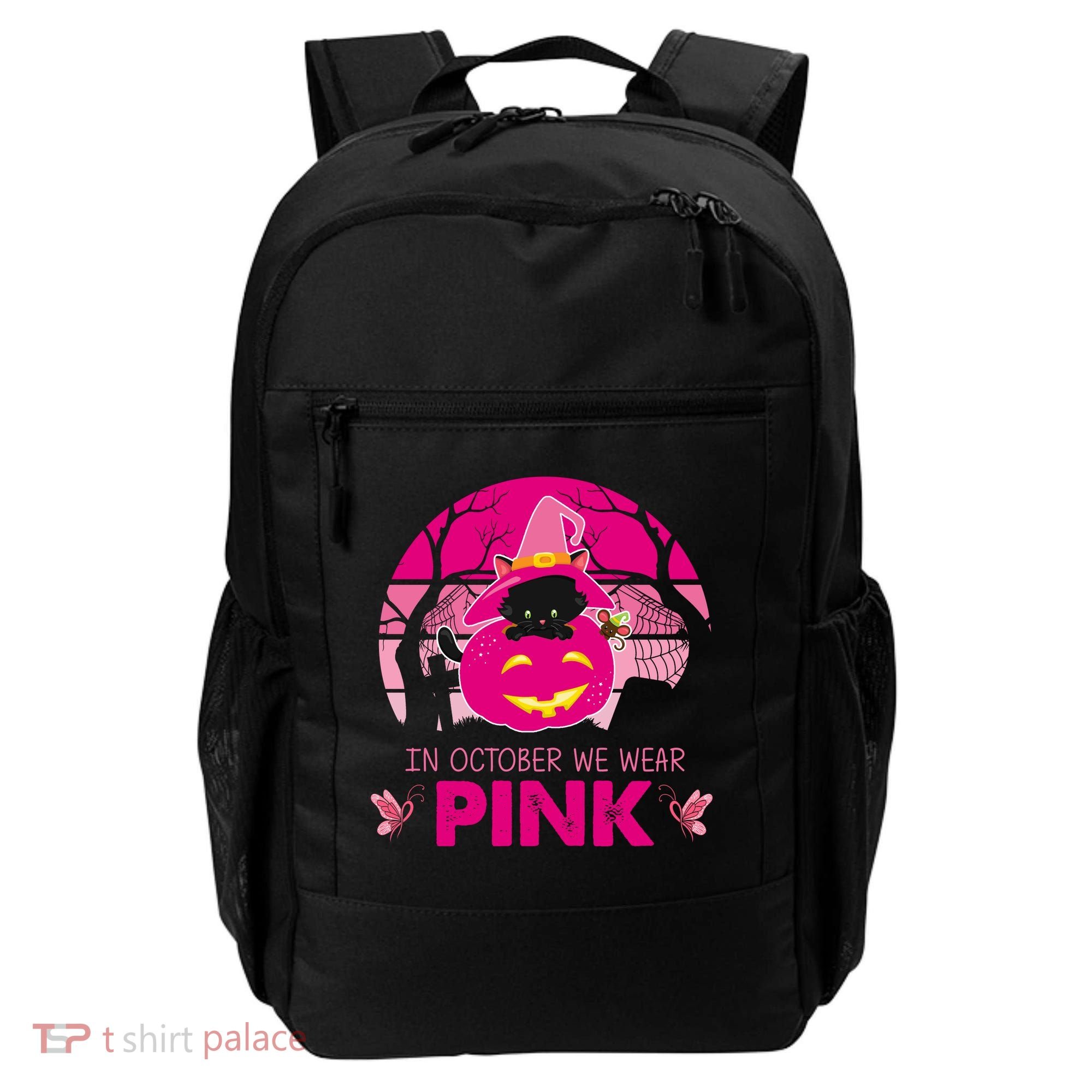 In October We Wear Pink Jack O Lantern Witch Cat Backpack