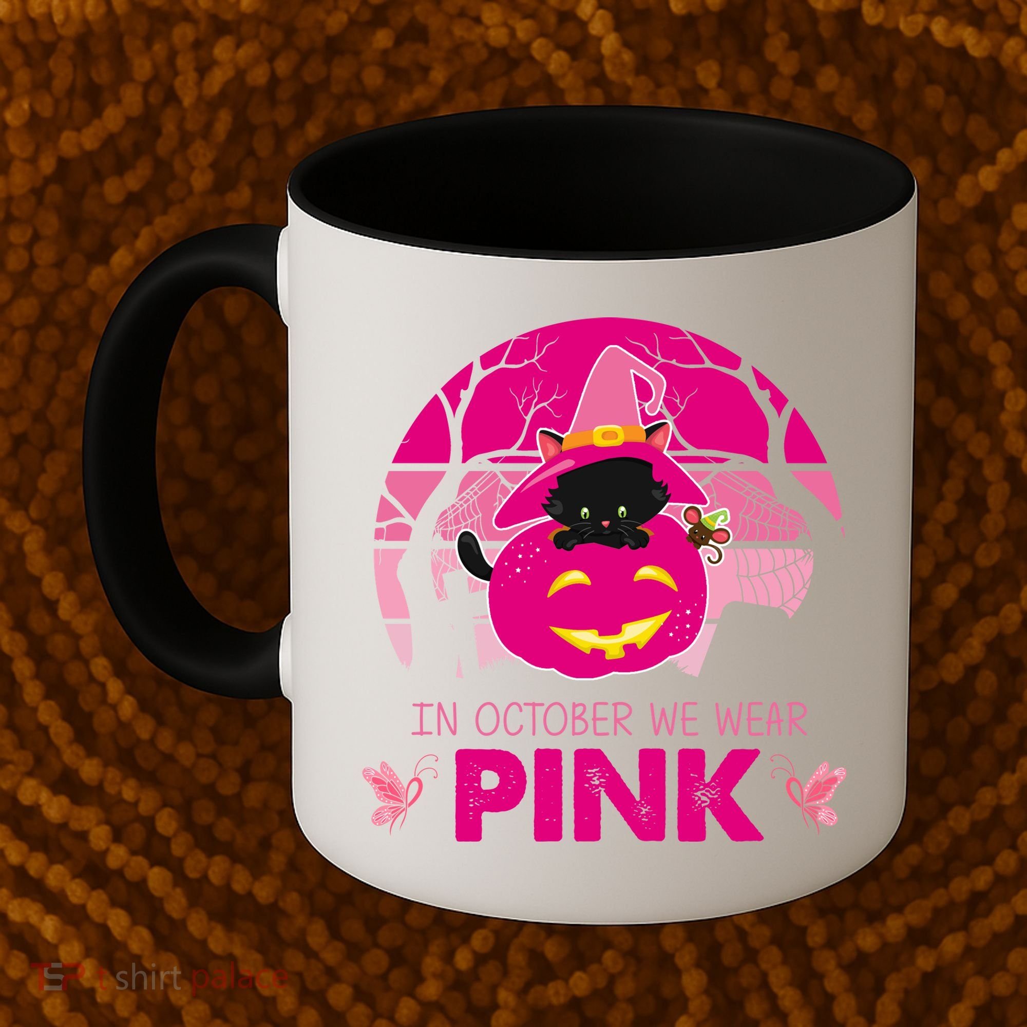 In October We Wear Pink Jack O Lantern Witch Cat Coffee Mug