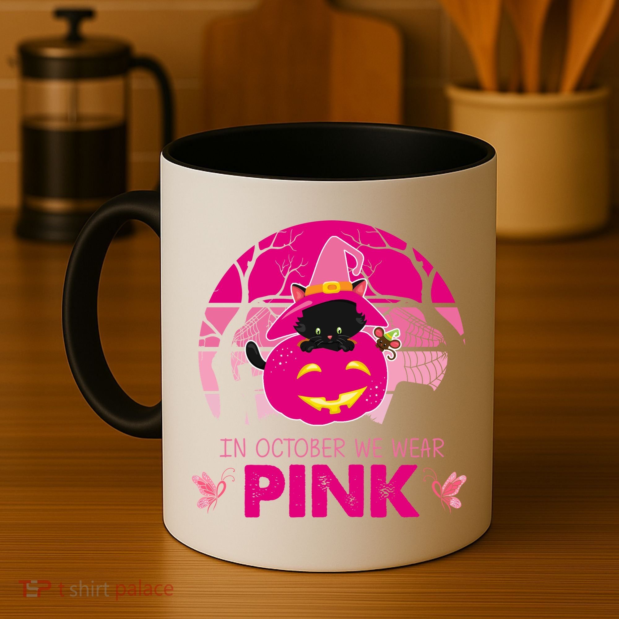 In October We Wear Pink Jack O Lantern Witch Cat Coffee Mug