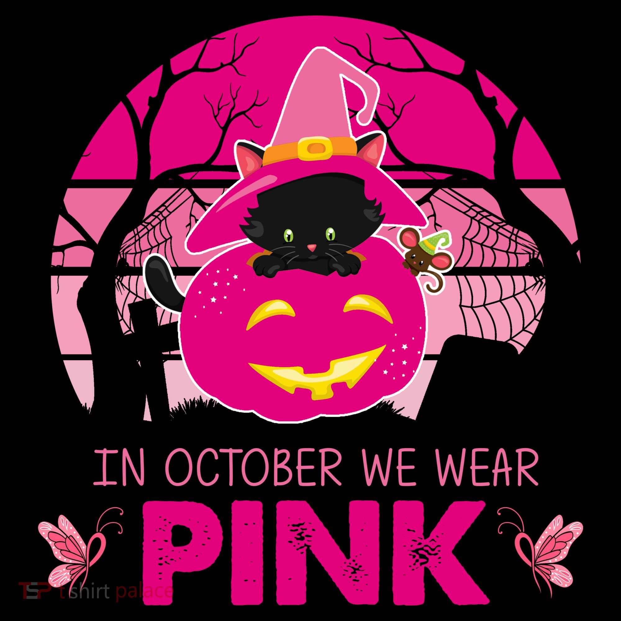 In October We Wear Pink Jack O Lantern Witch Cat Women's Hoodie