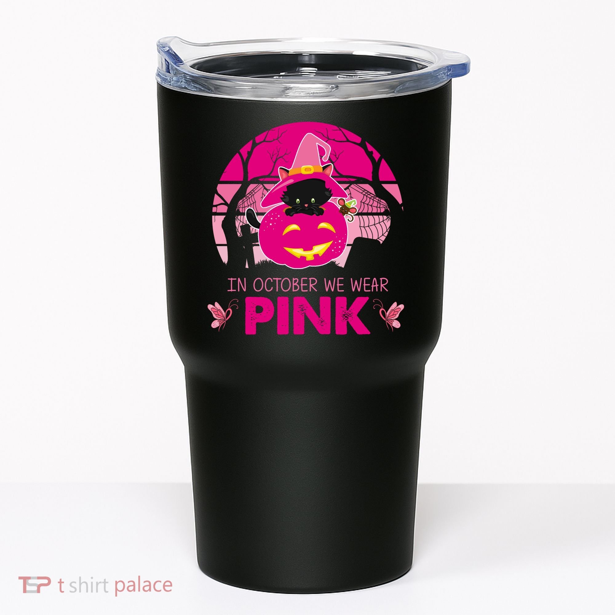 In October We Wear Pink Jack O Lantern Witch Cat Tumbler