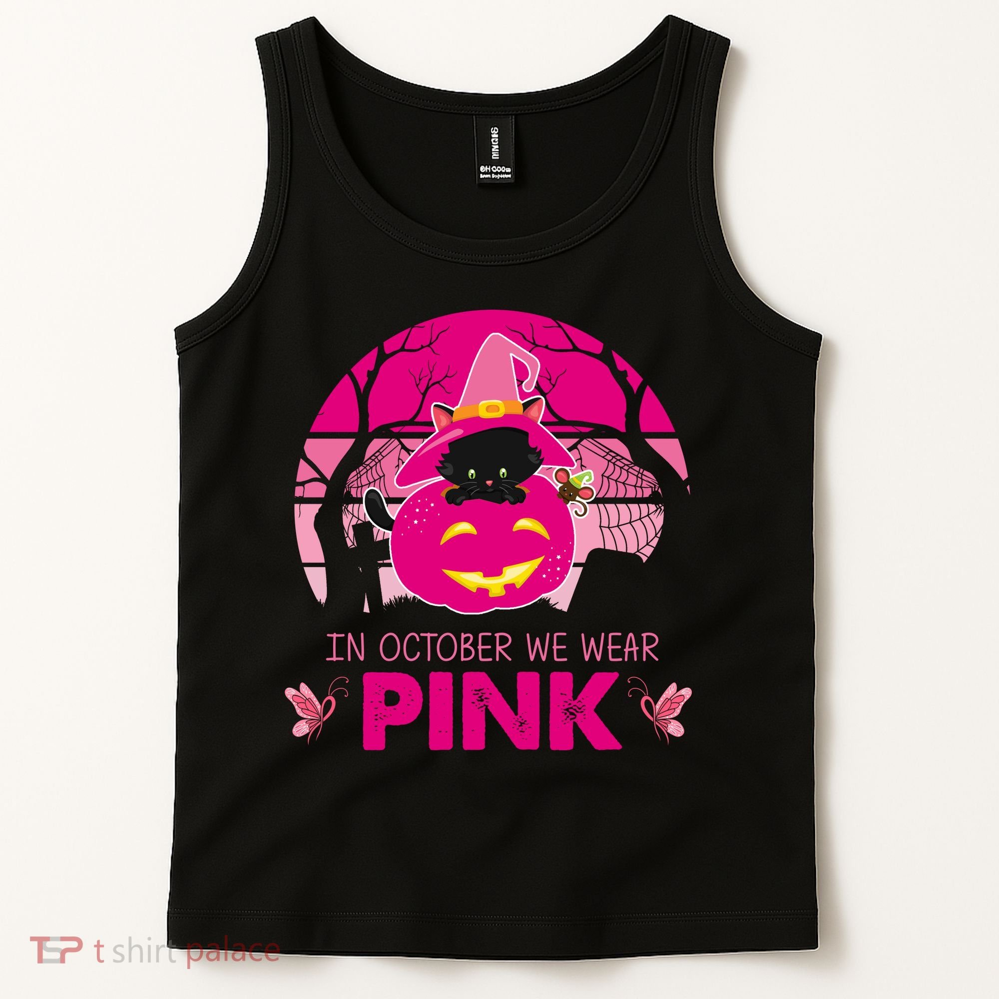 In October We Wear Pink Jack O Lantern Witch Cat Tank Top