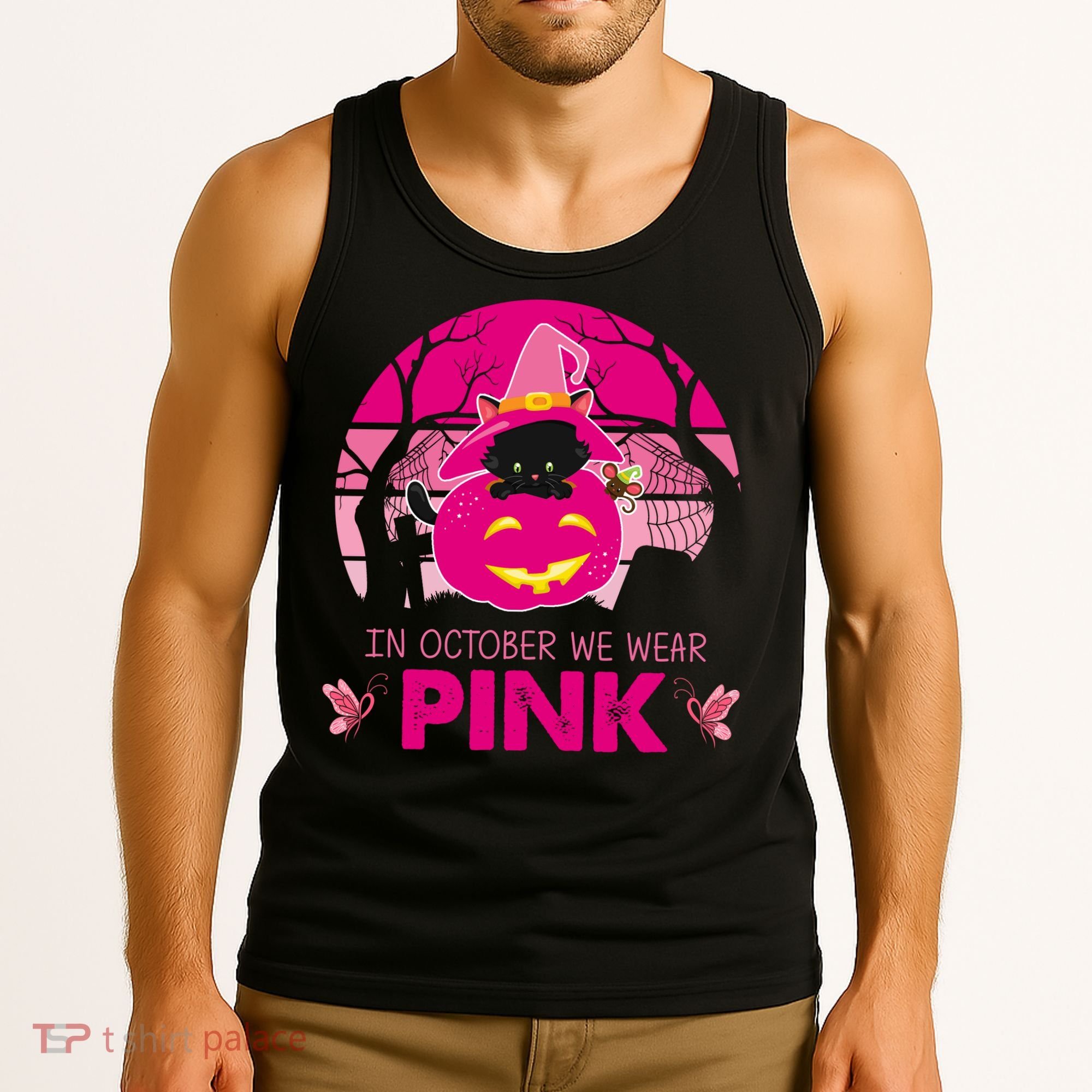 In October We Wear Pink Jack O Lantern Witch Cat Tank Top