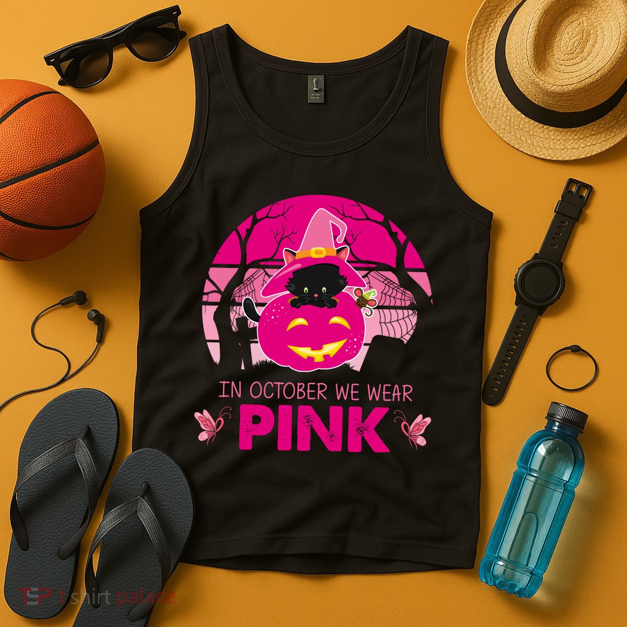 In October We Wear Pink Jack O Lantern Witch Cat Tank Top