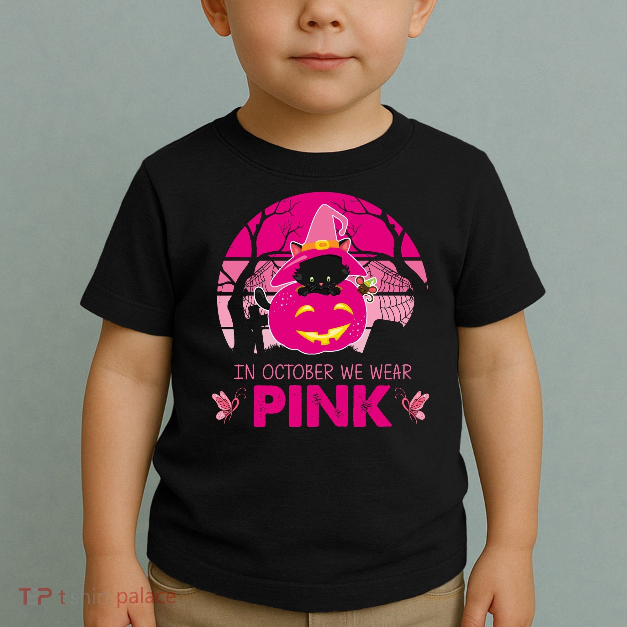 In October We Wear Pink Jack O Lantern Witch Cat Toddler T-Shirt