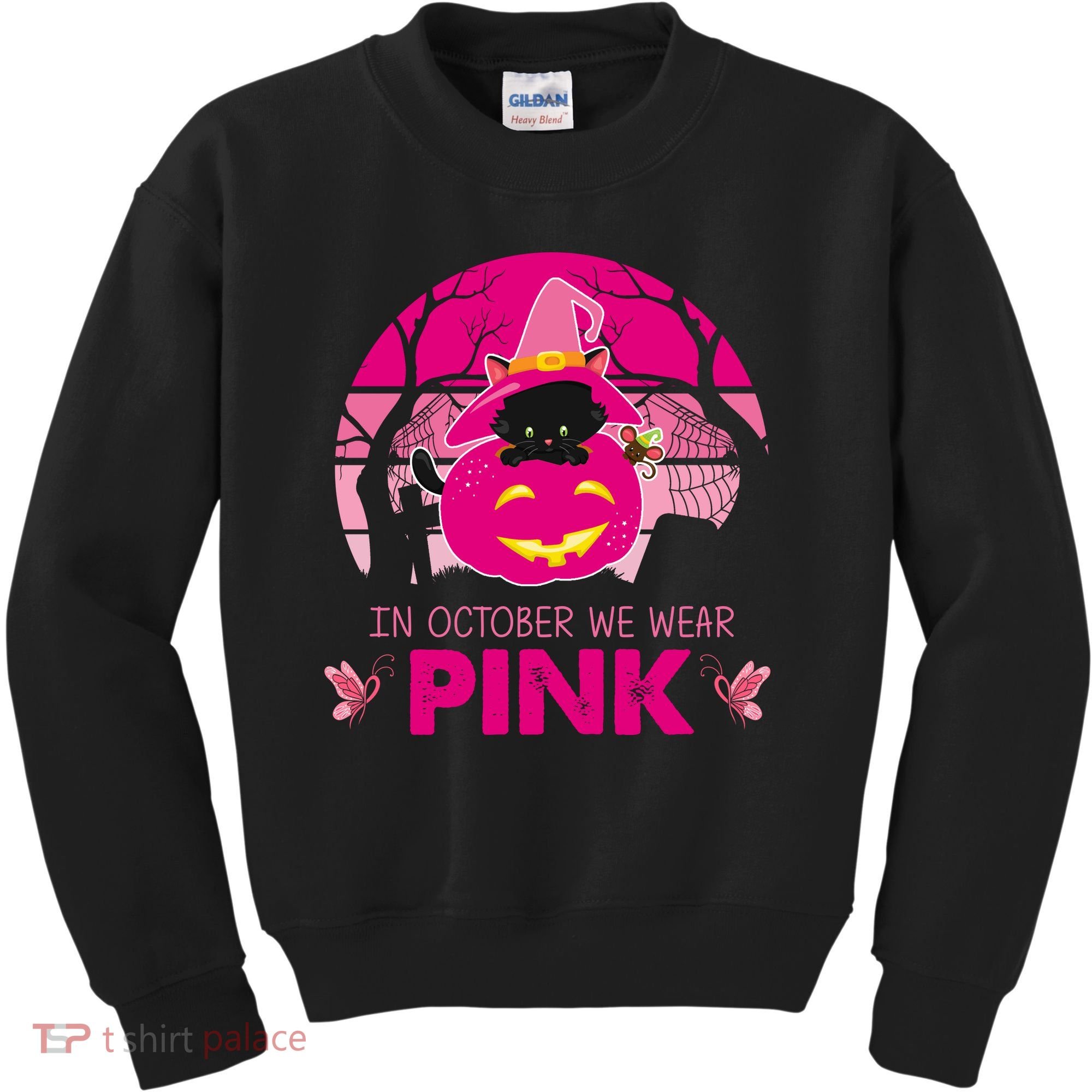 In October We Wear Pink Jack O Lantern Witch Cat Kids Sweatshirt