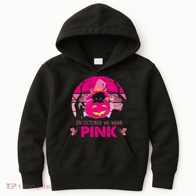In October We Wear Pink Jack O Lantern Witch Cat Kids Hoodie