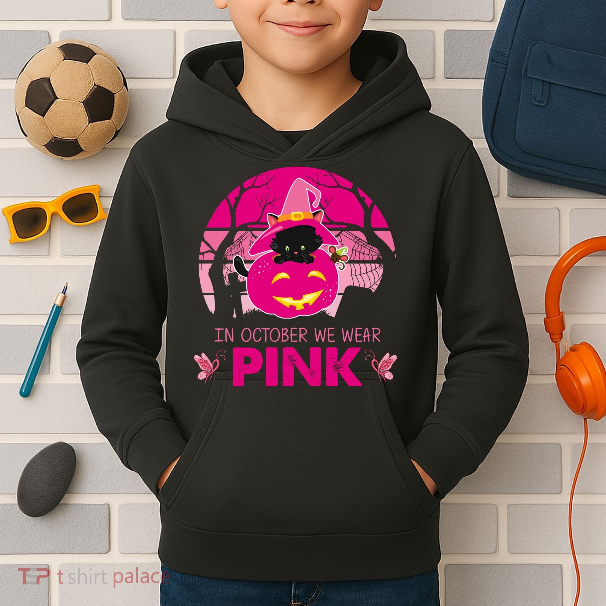 In October We Wear Pink Jack O Lantern Witch Cat Kids Hoodie