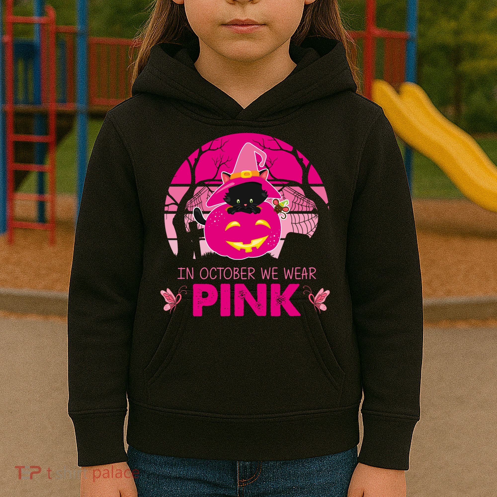 In October We Wear Pink Jack O Lantern Witch Cat Kids Hoodie