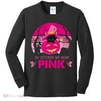 In October We Wear Pink Jack O Lantern Witch Cat Kids Long Sleeve Shirt thumb 0