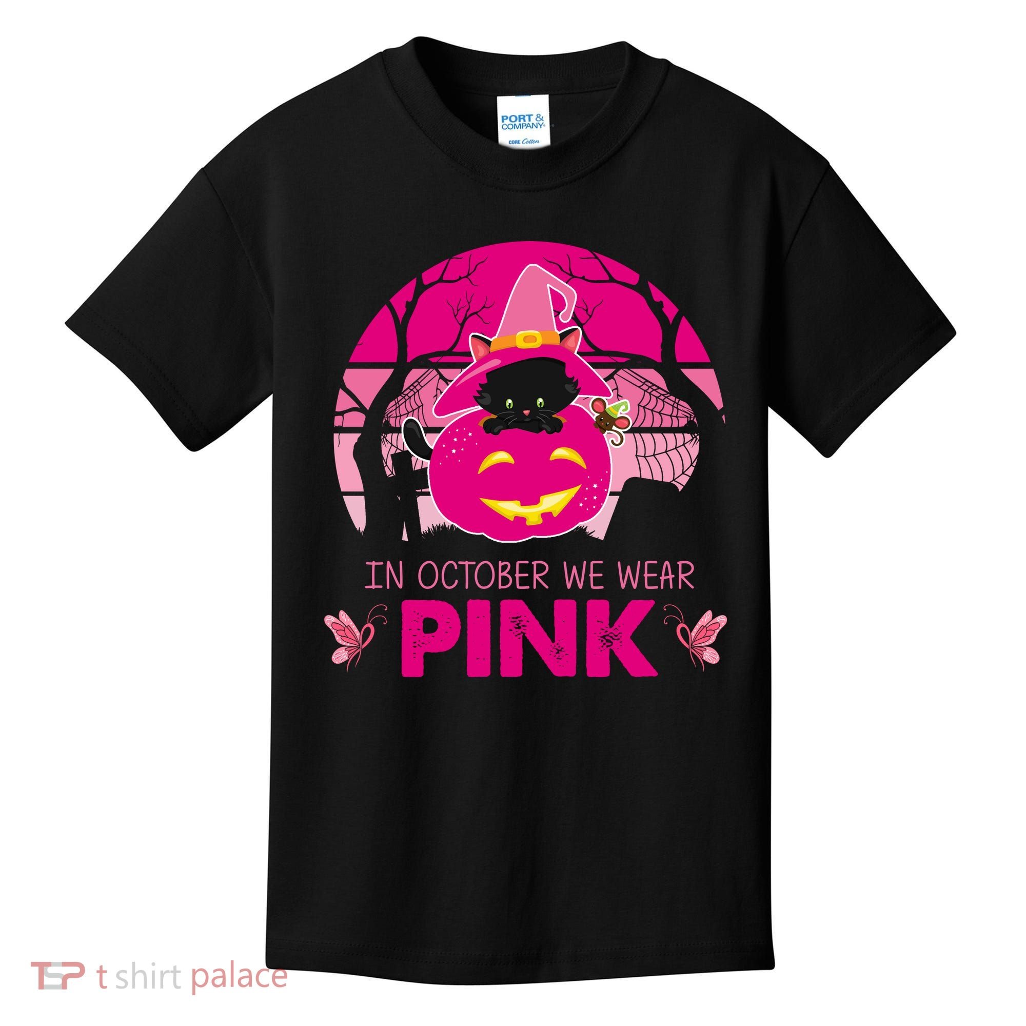 In October We Wear Pink Jack O Lantern Witch Cat Kids T-Shirt