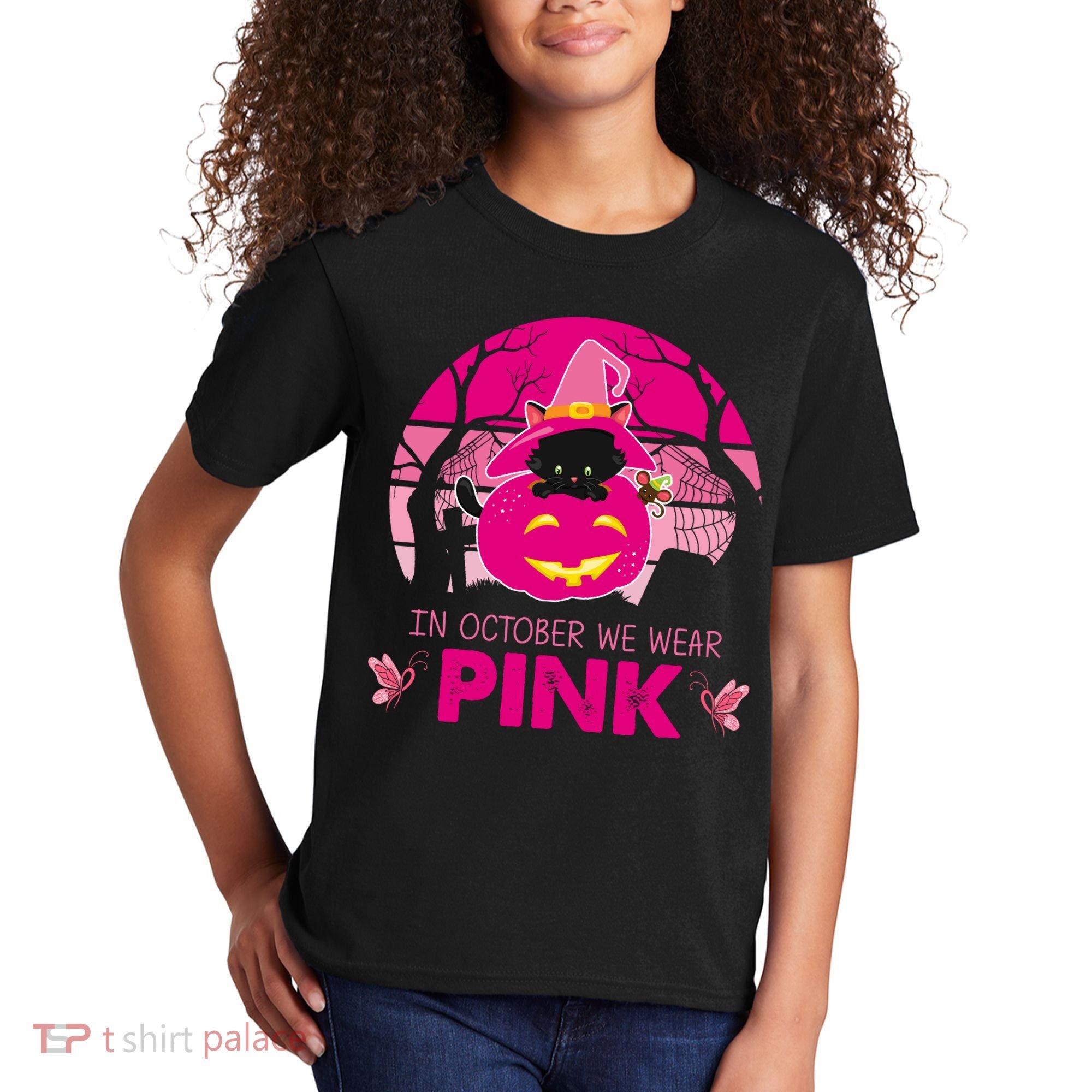 In October We Wear Pink Jack O Lantern Witch Cat Kids T-Shirt