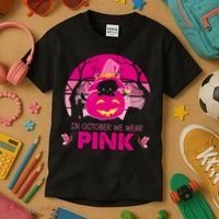 In October We Wear Pink Jack O Lantern Witch Cat Kids T-Shirt thumb 3