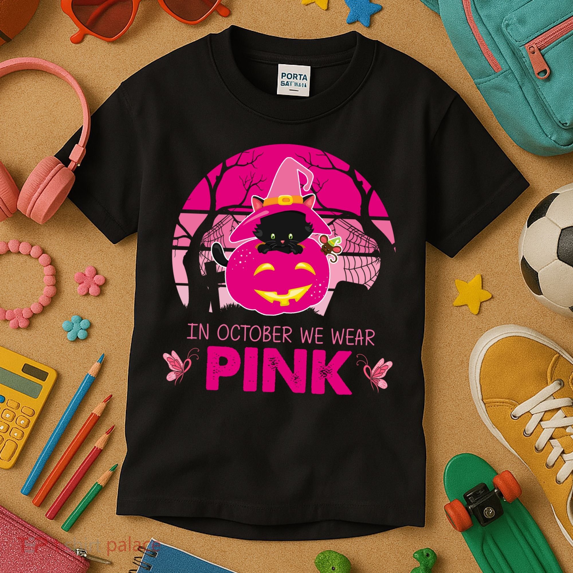 In October We Wear Pink Jack O Lantern Witch Cat Kids T-Shirt