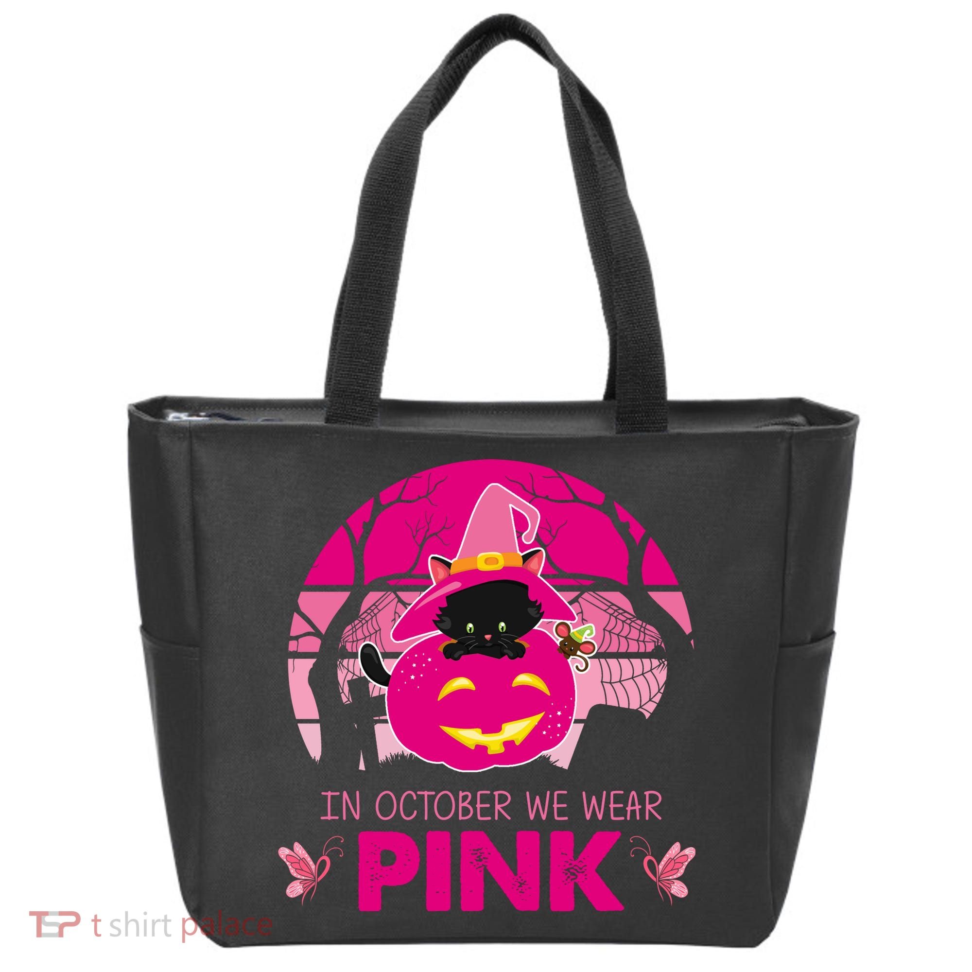 In October We Wear Pink Jack O Lantern Witch Cat Tote Bag